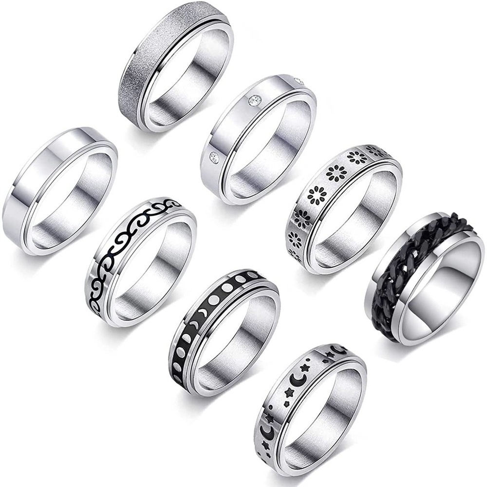 FUNEIA 8Pcs Stainless Steel Fidget Rings for Anxiety and Stress Size 6-10